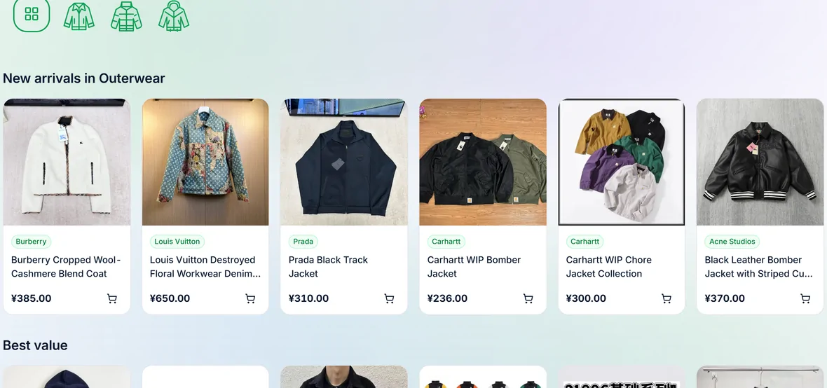 Outerwear listings in the product catalogue