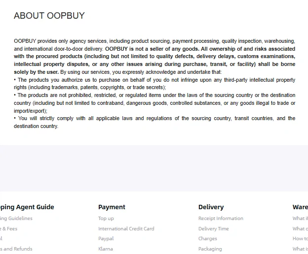 Oopbuy ABOUT OOPBUY declaration stating it is not a seller of goods
