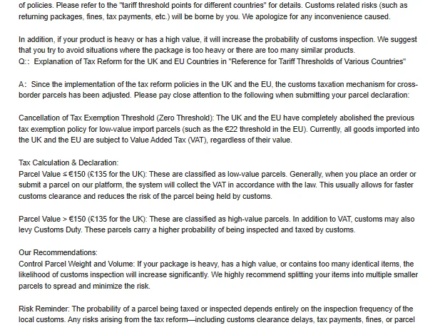 Oopbuy Customs and Taxation page section on heavy parcels and UK and EU VAT