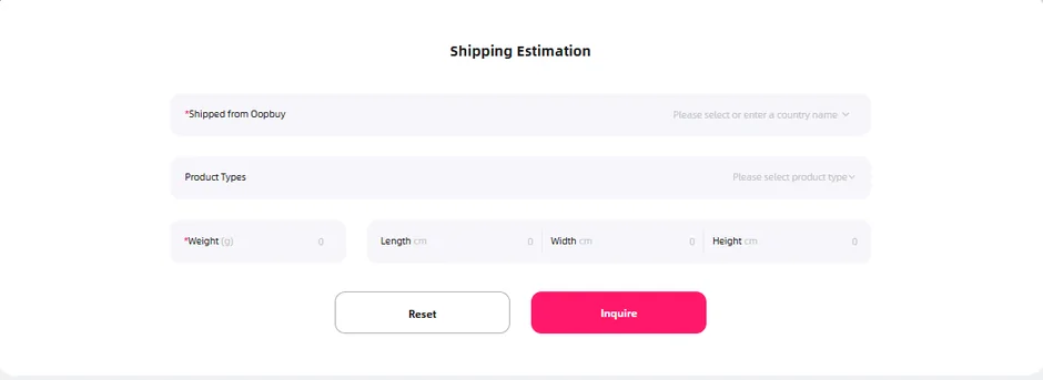 Oopbuy Shipping Estimation form with destination, product type, weight, length, width and height fields
