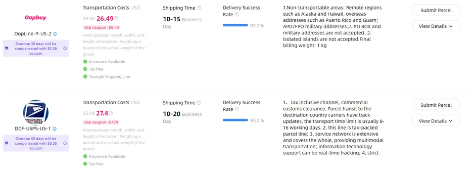 Oopbuy estimator results for OopLine-P-US-2 and DDF-USPS-US-1 with shipping time and delivery success rate