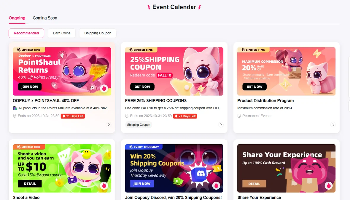Oopbuy Event Calendar with PointsHaul, 25% shipping coupon and other campaigns
