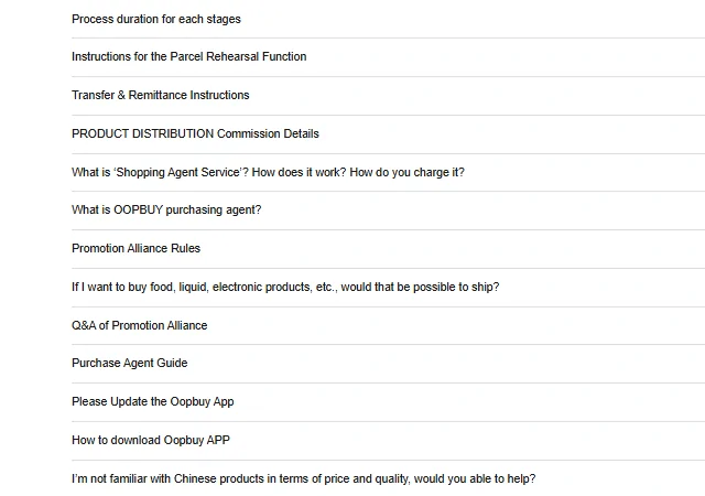 List of Oopbuy help centre article titles