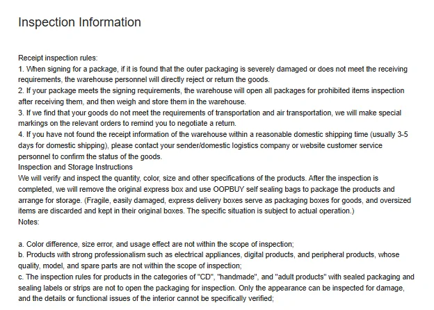 Oopbuy Inspection Information page with receipt inspection rules