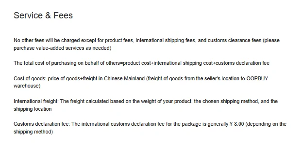 Oopbuy Service and Fees page listing product, shipping and customs declaration fees