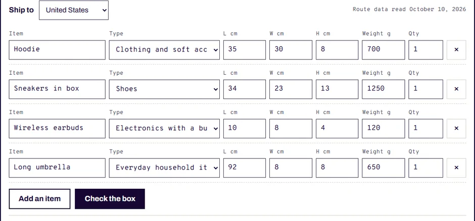 The box split check with four example items entered